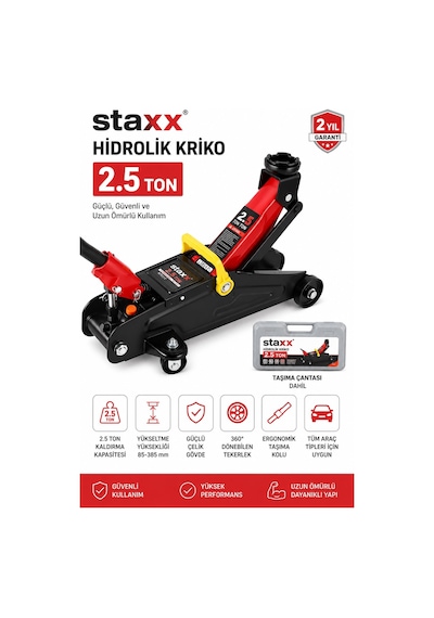 Staxx St2525 2.5 Ton Hidrolik Kriko Arabalı Oto Servis Garaj Krikosu 8-31cm Çantalı Çelik Gövde