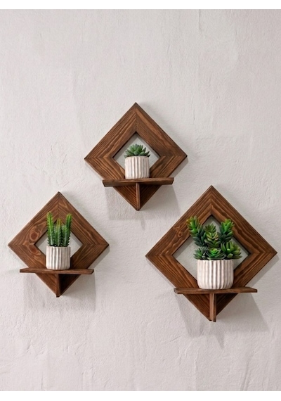 Masif Ahşap Baklava Dilim Duvar Rafı - 3 Parça Dekoratif Raf Seti 25x25 Cm Bordo