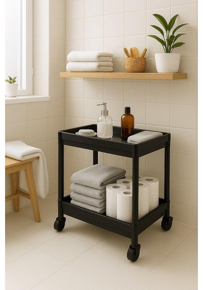 Sas Haus Flex Elite Pro 2 Katlı Siyah Tekerlekli Çok Amaçlı Banyo & Mutfak Düzenleyici Raf Evye Altı Deterj Si