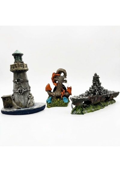 Mini Akvaryum Dekor Seti 3 Lü Set -savaş Gemisi Anfora Deniz Fene
