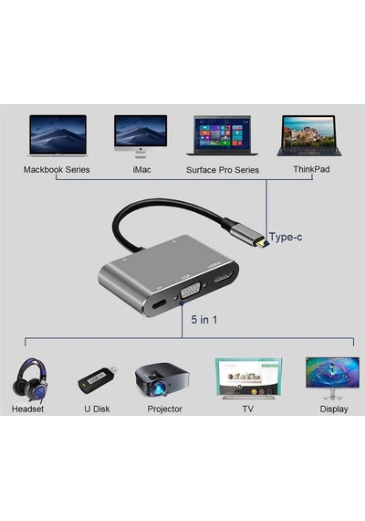Type-C To 4K Hdmi Vga Usb 3.0 Otg Audio Ses Çevirici Kablo 5 In 1 (518947659)
