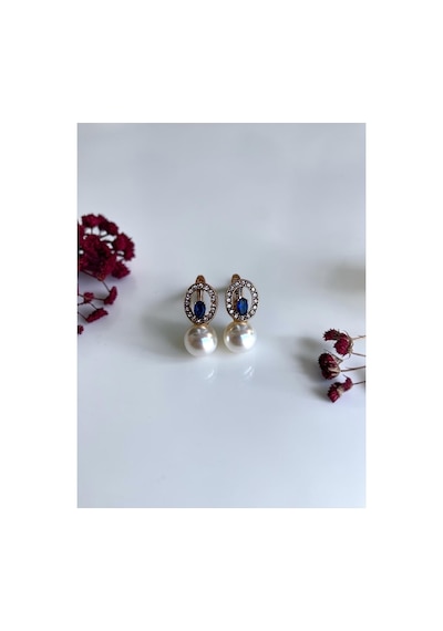 Zirkon Taşlı Oval Tasarım İnci Küpe Mavi