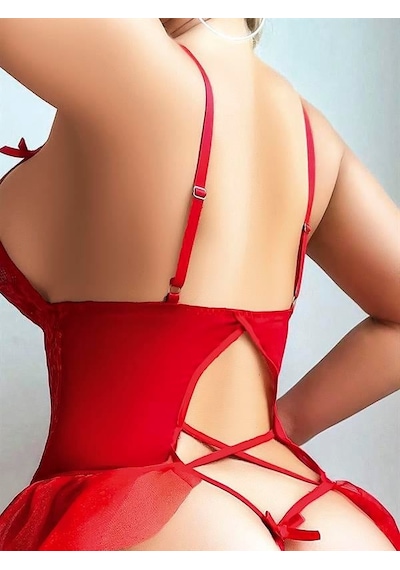Majeur Kadın Closet Kırmızı Dantel Detaylı Önü Dekolteli Babydoll