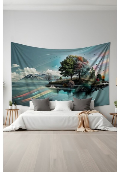 Renkli Doğa Yansıması Desenli Duvar Halısı Duvar Örtüsü Tapestry Süet Dokulu Kumaş