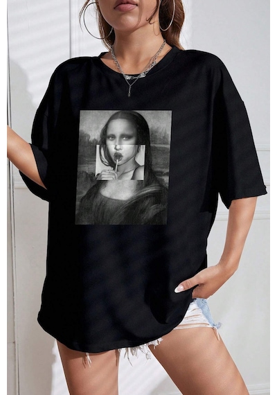 Unisex Mona Lisa Baskılı Tasarım Tshirt Siyah