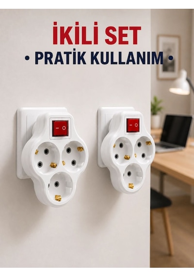 Kablosuz 3 Lü Priz Çoklayıcı Açma Kapama Anahtarlı Duvar Tipi 2 Adet Set Çok Renkli