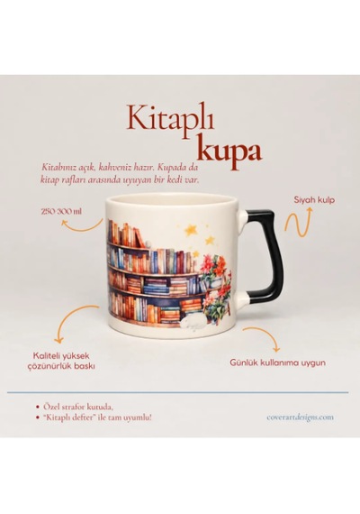 Kedili Kitaplık Kupa Beyaz - Siyah