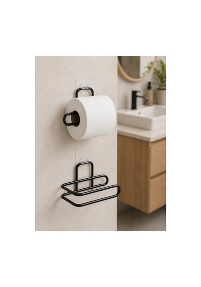 2 Adet Yapışkanlı Wc Kağıtlık Siyah Metal Pratik Duvar Tipi Rulo Tutucu Düz Renkli Düz Renkli
