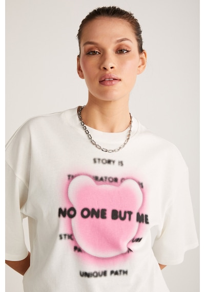 ETHIQUET BUG Kadın %100 Organik Pamuklu Baskı Detaylı Oversize Fit Bol Kesim Kısa Kollu Ekru T-Shirt