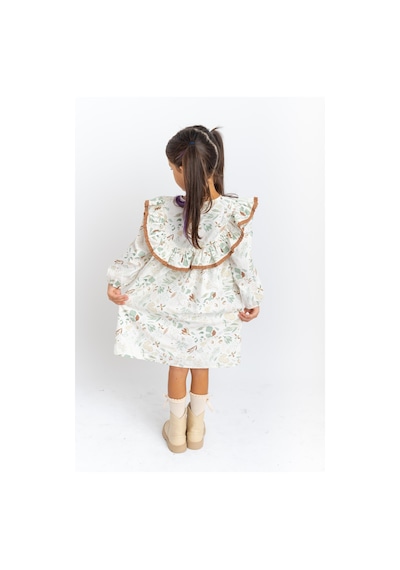 Oliventhekid Fırfırlı Dantelli Poplin Kız Çocuk Elbise Ekru Ekru