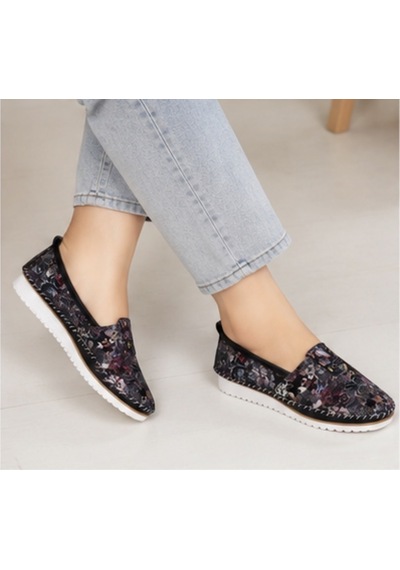 N Napa Shoe Np.108.fç.siyah Deri Sneaker Napa Shoe Kadın Hakiki Deri Comfort Günlük Ayakkabı Çiçek Desenli Siyah