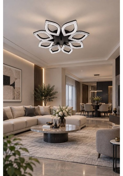 Yonca Model Siyah Kumandalı 8 Li Ledli 3 Renk Modu Kristal Salon Mutfak Yatak Çocuk Odası Avize