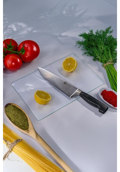 Miabella Home Şeffaf Cam Kesme Tahtası, Kesme Tablası Kenarları Oval, Antibakteriyal, Sunum Tahtası Şeffaf