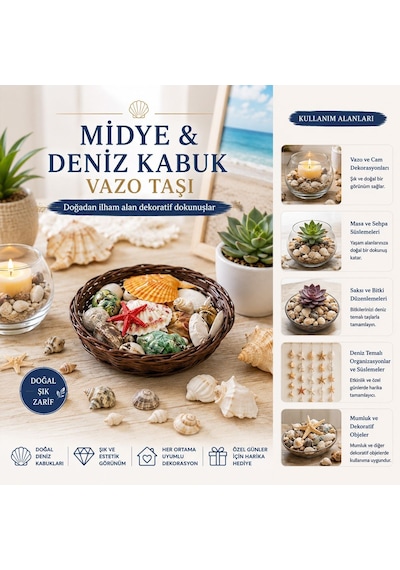 Yuvarlak Ahşap Sepet 54'lü Renkli Midye & Deniz Kabukları - Vazo Taşı Seti Çok Renkli