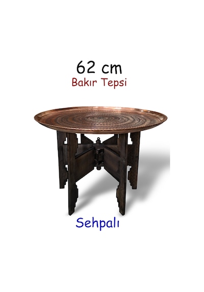 62 Cm El İşlemeli Otantik Desenli Kalın Urfa Bakır Tepsi + Katlanabilir Sehpa - Bakır-tps496 Antik Bakır