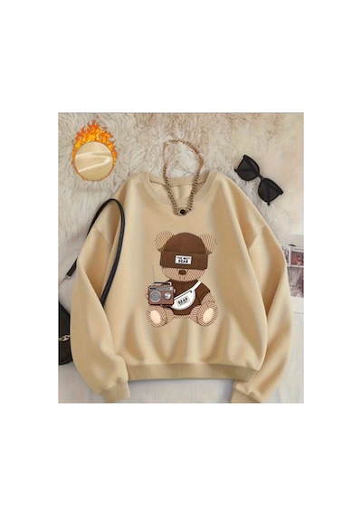 Herkesemoda The Best Bear Baskı Detaylı Bisiklet Yaka Sweatshirt Bej