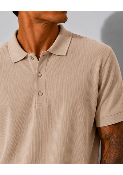 Ribana Erkek Kısa Kollu Fitilli Yarım Düğme Kapama Polo Yaka T-shirt 26001 Ekru