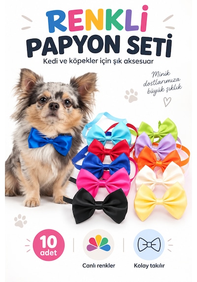 Showtech Kedi Köpek Renkli Papyon Aksesuar 10 Adetli Paket
