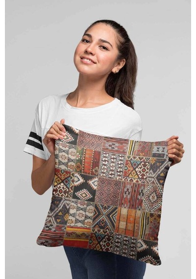 Turuncu Patchwork Çift Taraflı Yastık Kırlent Kılıfı Krl168n11