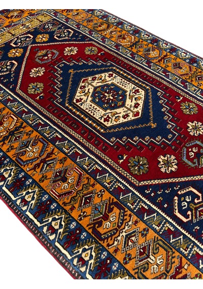 El Dokuması Yahyalı Halısı 122x210 Kök Boyası Kırmızı Lacivert %100 Yün Halı Renkli