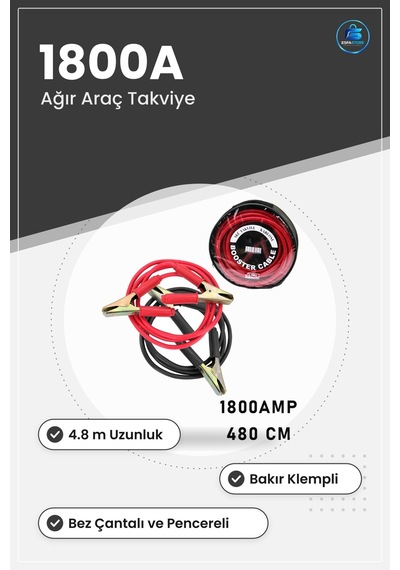 Tır Akü Takviye Kablosu 1800a 4.8 M Bakır Klempli Ağır Araç Marş