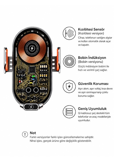 Kablosuz Araç İçi Şarj Cihazı Telefon Tutucu 3 Farklı Başlıklı Otomotaik Ayarlama Siyah