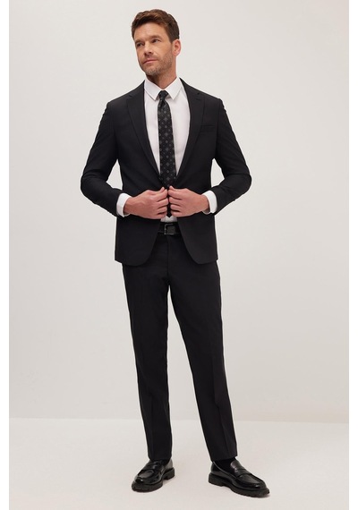 Tudors Erkek Slim Fit Mono Yaka Likralı Esnek Kumaş Siyah Takım Elbise-41301 Siyah