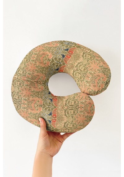 Vintage Kuş Motifli Ergonomik Boyun Yastığı - Doğal Desenli Zeytin Yeşili Turuncu Seyahat Yastığı Mat Taş Amber