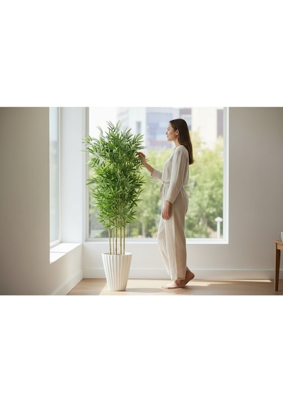 Yapay Bambu Ağaç 150 Cm 6 Dallı Yogun Yaprak Lilyum Beyaz Saksı Yeşil