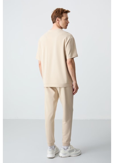 Tommy Life Bej Pamuklu Kalın Yumuşak Dokulu Oversize Fit Basic Erkek Eşofman Takım - 85261 Bej