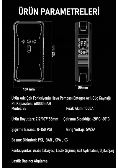 Dev Kapasite 60.000 Mah 4'ü 1 Arada Jump Starter Ve Hava Kompresörü