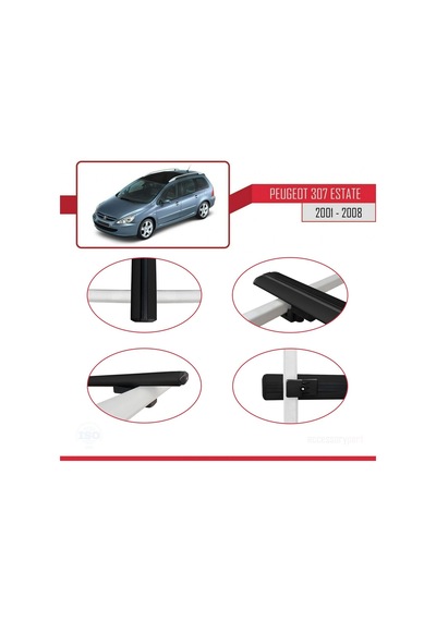 Peugeot 307 Estate 2001-2008 Arası İle Uyumlu Basic Model Ara Atkı Tavan Barı Siyah 3 Adet