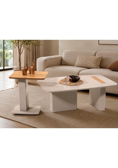 Ganni Home Venedik Orta-zigon Sehpa Seti Traverten Meşe Gri, 2 Li Modern Sehpa Takımı