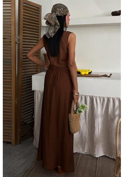 Moderie Butik Yelek Önden Bağlamalı Uzun Etekli Takım 10192 Kahverengi