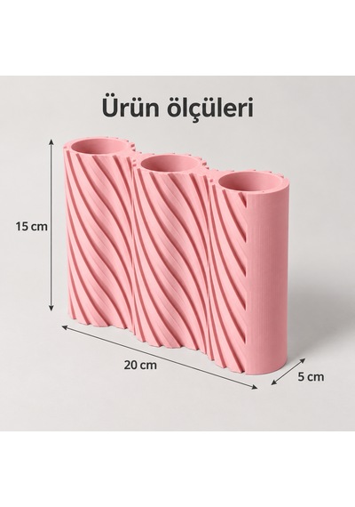 Çizgili Modern Tasarım Üç Bölmeli Dekoratif Vazo - Çiçeklik Açık Pembe