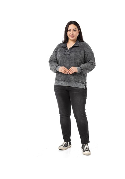 Büyük Beden Pis Dikişli Fermuarlı Yırtmaçlı Parça Boyalı Antrasit Sweatshirt-antrasit Antrasit