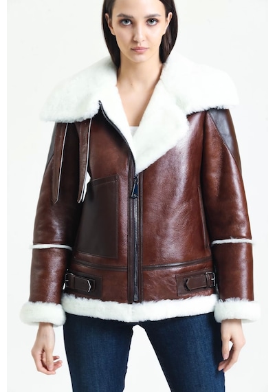 M M Marki Marki Kadın Kahverengi Vintage Deri Mont, Beyaz Kürklü, Balıkçı Yaka, Oversize, Şık Ve Sıcak - 105222