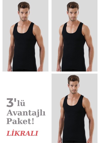 Arma Yıldız Erkek Siyah Likralı Atlet 3'lü Paket Esnek, Rahat, Vücuda Oturan İç Giyim Siyah