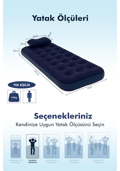 Livenzi Tek Kişilik Şişme Yatak & Yastık 191 76 22 Cm Lacivert