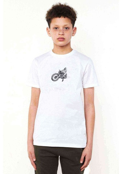 Tshirthane Motorcycle Girl Logo Baskılı Unisex Çocuk Beyaz T-Shirt