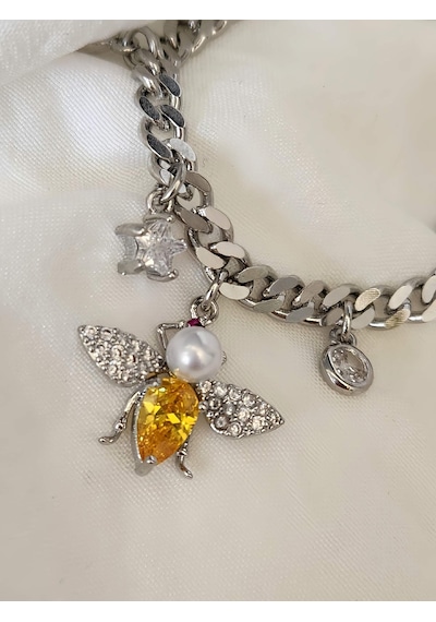Arı İnci Yıldız Figürlü Gurmet Model Silver Renk Çelik Bileklik Gümüş