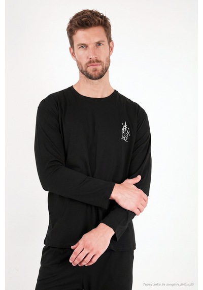 Buratti Minimal Baskılı Pamuklu Uzun Kollu Pijama Takımı Erkek Pijama Takımı 6575005 Siyah