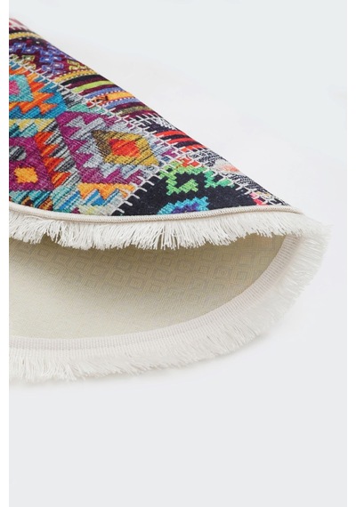 Dijidekor 9010 Patchwork Temalı Saçaklı Dijital Yuvarlak Halı Kaymaz Yıkanabilir 9010-yuvarlak-sacaklı