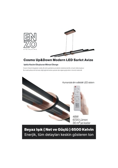 Cosmo Rose Gold Lineer Led Sarkıt Avize Kumandalı Dim Edilebilir Yukarı & Aşağı Işık Beyaz Işık
