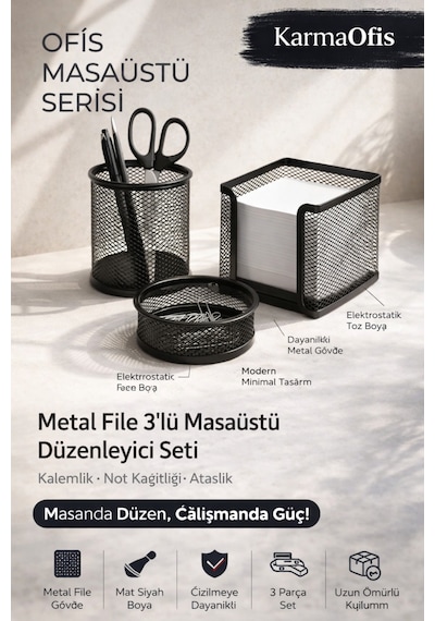Metal File 3'lü Masaüstü Düzenleyici Seti Siyah Kalemlik Not Kağıtlığı Ataşlık Ofis Organizer Diğer