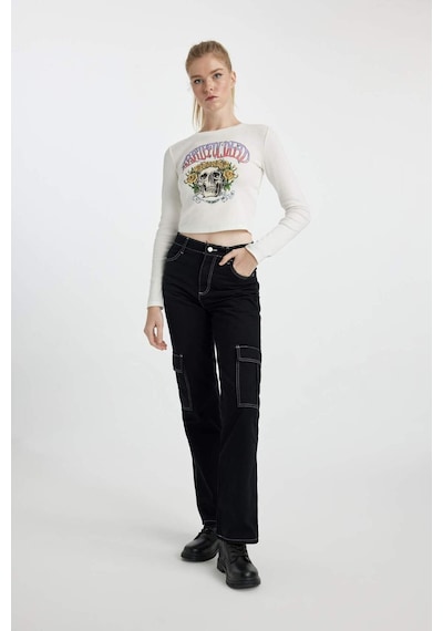 DeFacto Coool Straight Fit Gabardin Pantolon Kargo Cepli Yüksek Bel B0458AX23AUBK27 Siyah