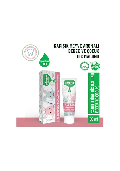 Siveno %100 Doğal Diş Macunu Bebek - Çocuk İçin Karışık Meyve Aromalı Florürsüz 50 ml