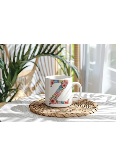 Z Harfli Retro Çiçekli Kupa Bardak - Patchwork Tarz Yamalı Desenli İsme Özel Kupa - Hediye 07 Beyaz