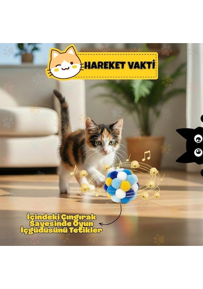 Orletz Çıngıraklı Ponpon Kedi Oyuncağı - Renkli İnteraktif Peluş Top - Zilli Yuvarlanan Kedi Topu - Çiğneme Ve