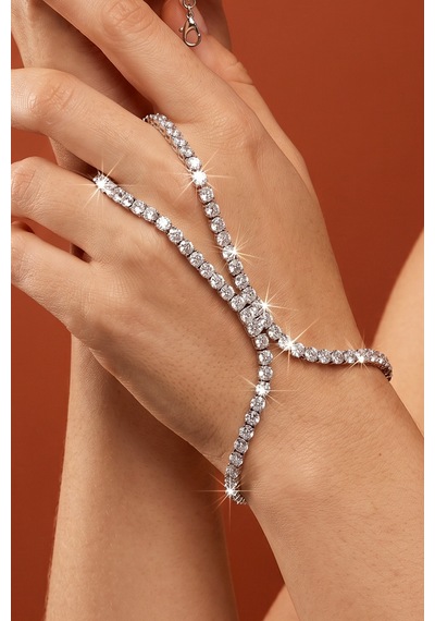 Valmont Accessories Kadın İri Kristal Taşlı Şahmeran Bileklik Işıltılı Zarif El Aksesuarı Gümüş
